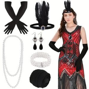1920s Sequin Beaded V Neck Fringed Dress X-Large Red with 20s Accessories Set